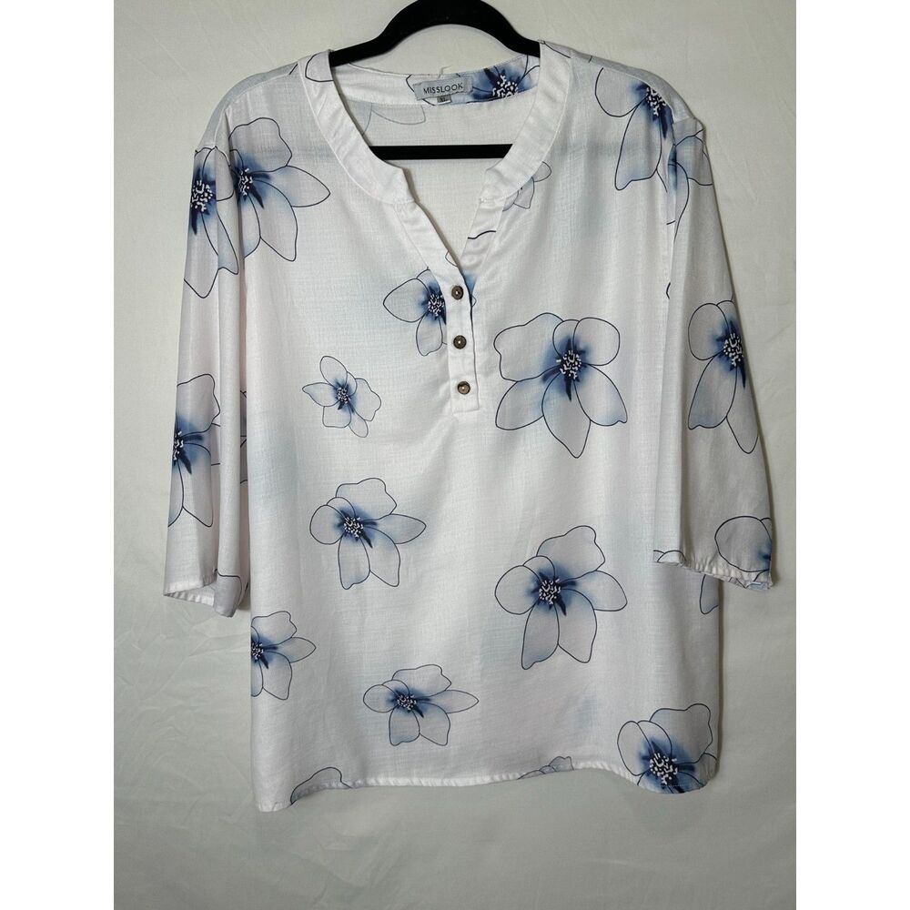Misslook Women's BOHO Semi Sheer Floral Tunic Blouse with 1/2 Sleeves, Size XL